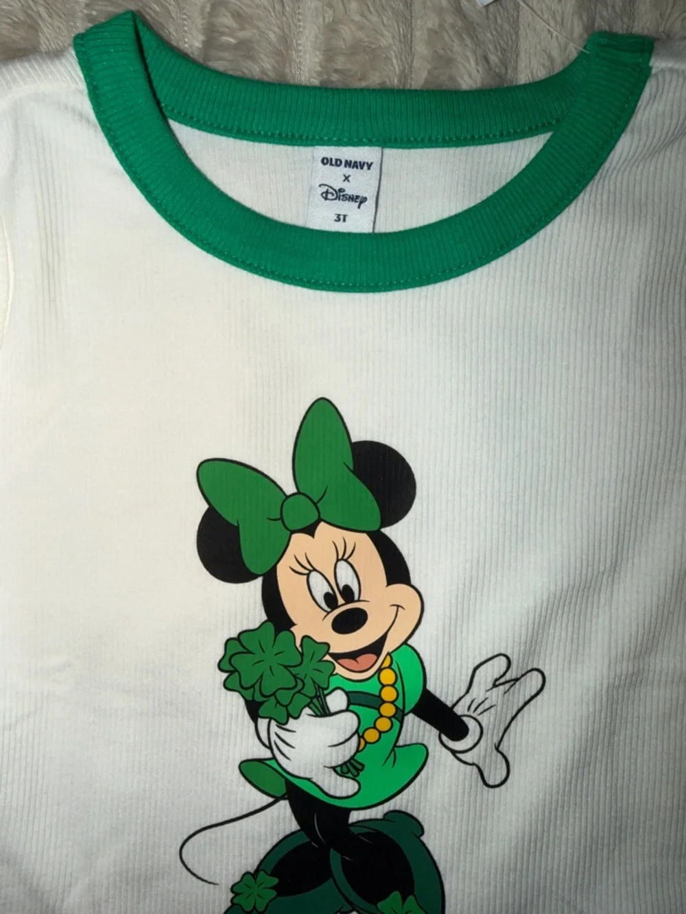 Disney White Tee with Green-Trim and Minnie Graphic